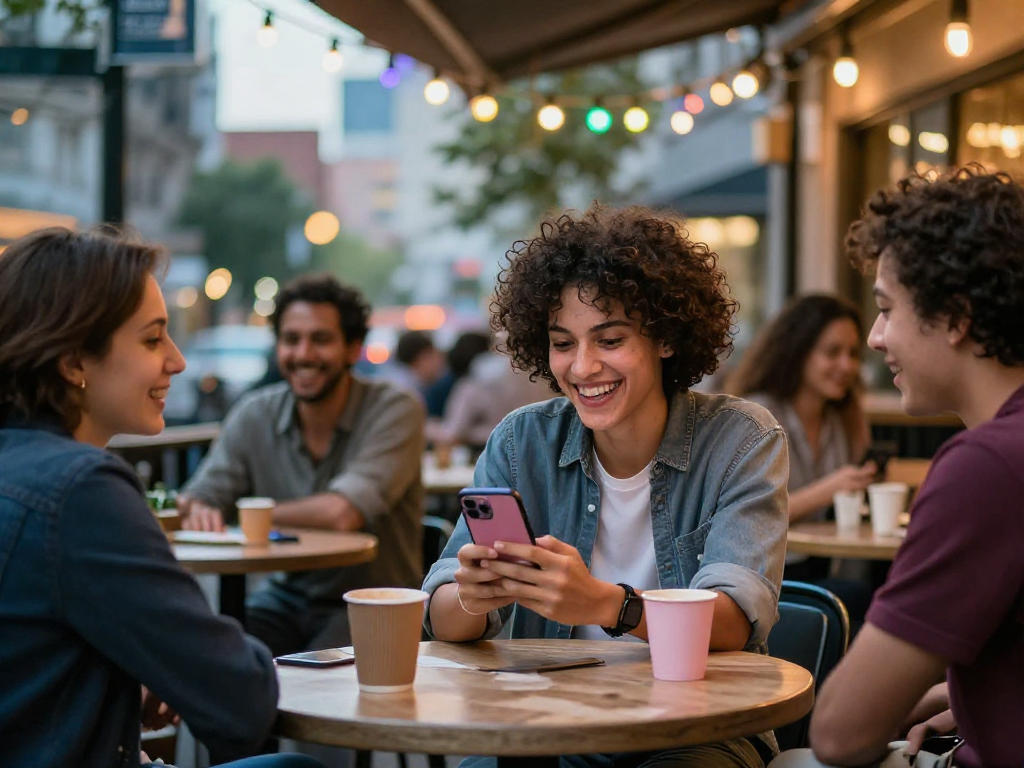 Engaging social scene highlighting Pink Chat connections in a vibrant café.