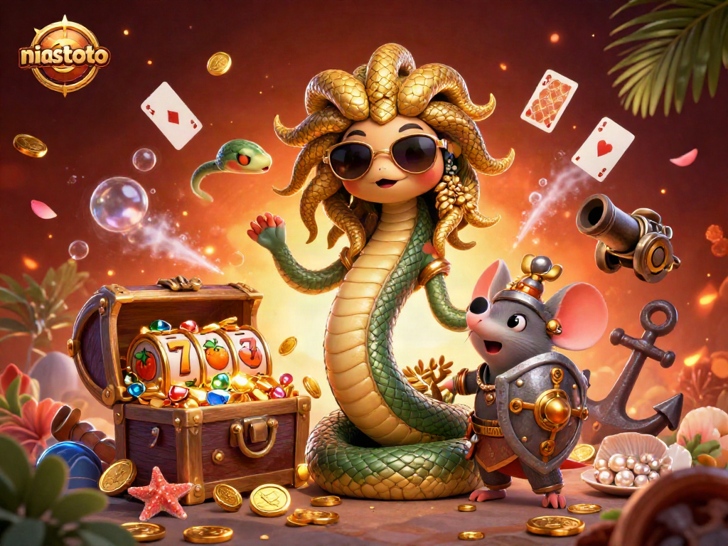 NIASTOTO showcases a vibrant 3D illustration with Medusa and a mouse, featuring exciting slot game elements.
