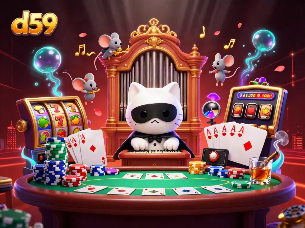 Play exciting casino games at d59 with vibrant characters amidst slot reels and jackpot symbols.