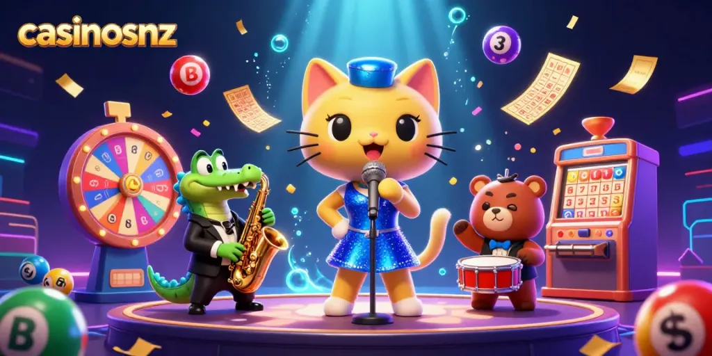 Engage with casinosnz featuring vibrant characters in a lively casino atmosphere filled with lottery elements.