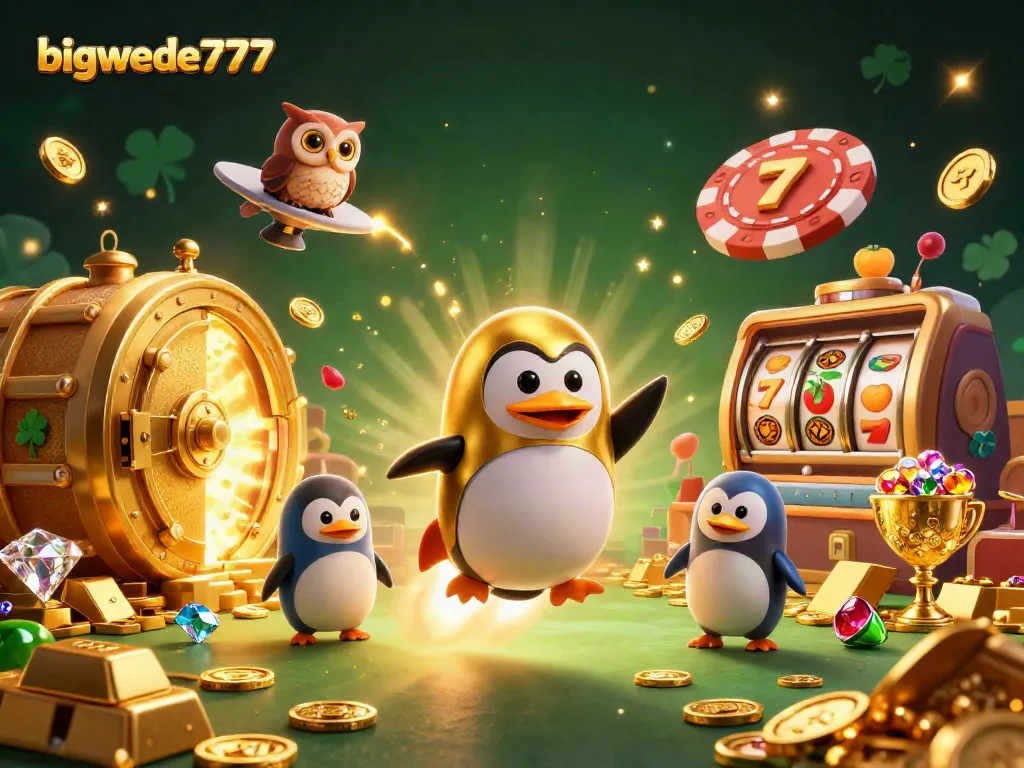 Experience the excitement of bigwede777 with a golden penguin in a vibrant casino space world.