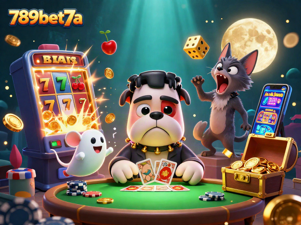 Join the thrilling world of 789bet7a with a 3D cartoon monster dealer and casino elements bursting with excitement.