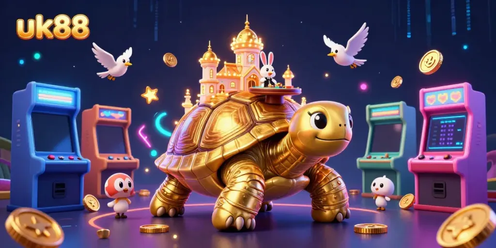 Experience vibrant gaming at uk88 with a golden tortoise casino, rabbit dealer, and flying coins.