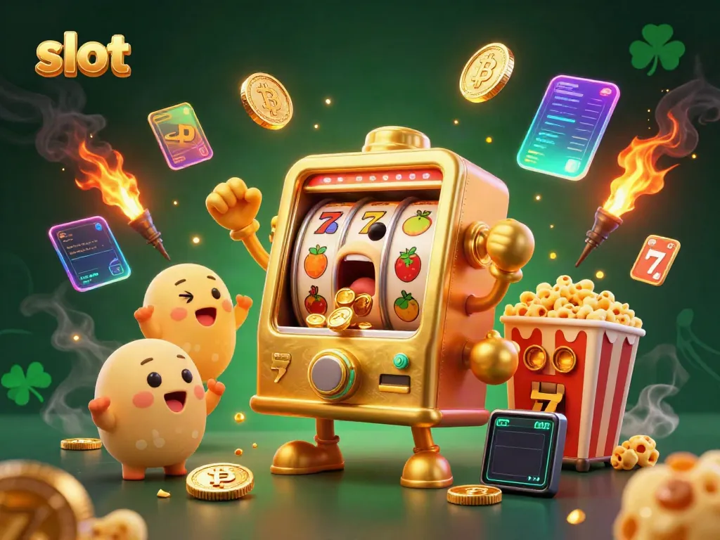 Winning slots jackpot with a golden slot machine, coins spilling and cheering baby machines.