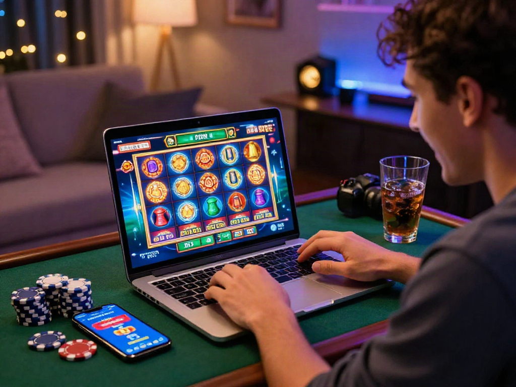 Player enjoying the slot bonus new member 100 at home, with engaging gaming graphics and chips visible, creating a vibrant online casino atmosphere.