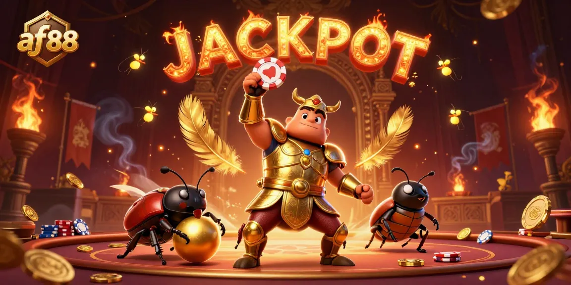 Experience the excitement of af88 with the triumphant beetle champion lifting a poker chip in a captivating casino scene.