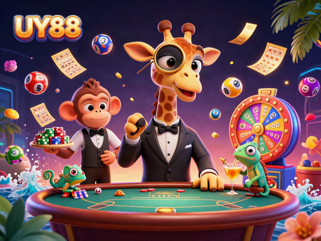 Bettors enjoy games at UY88, featuring 3D cartoon characters amid festive lottery elements.