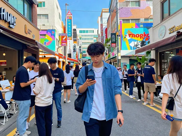 홍대에서 젊은 고객이 스마트폰을 사용하며 거리를 걷는 모습. 단밤오피와 관련된 도시의 특색을 표현.