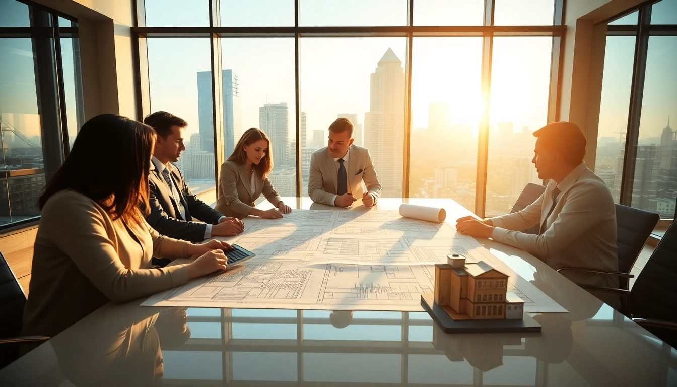 Real Estate Development team collaborating on architectural blueprints in an urban office setting.