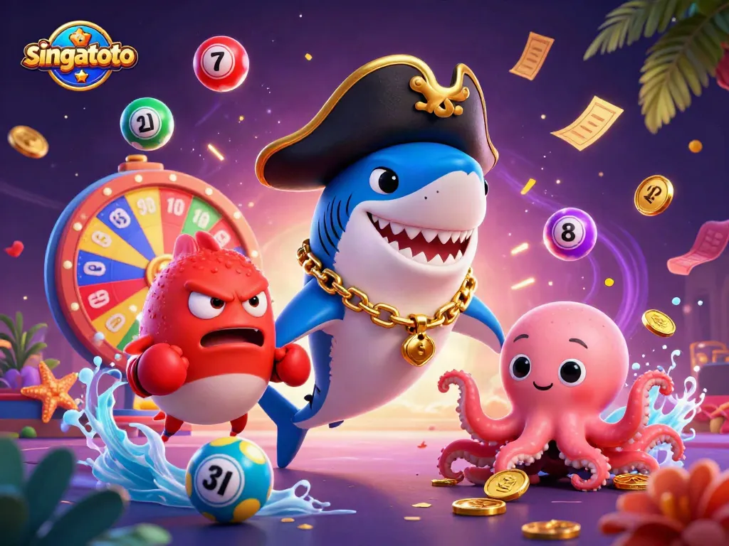 Experience singatoto's excitement with a vibrant lottery scene featuring playful characters and dynamic gaming elements.