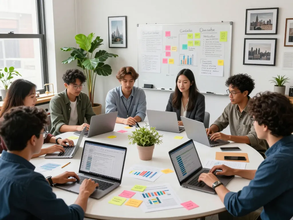 Marketing team discusses Local SEO NYC strategies in bright, collaborative workspace.