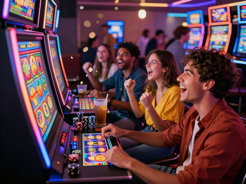 Exciting moment at a slot gacor machine with friends celebrating wins in a vibrant casino setting.