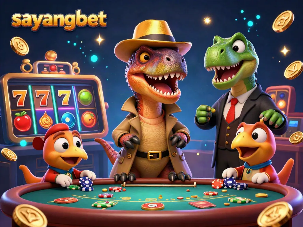 Experience thrilling gameplay with sayangbet's exciting velociraptor-themed casino scene filled with vibrant slot elements.