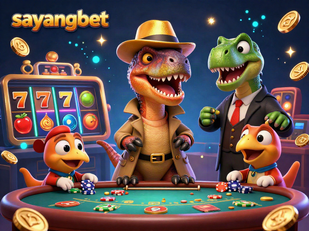 Experience thrilling gameplay with sayangbet's exciting velociraptor-themed casino scene filled with vibrant slot elements.