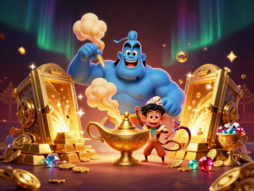 Join the exciting world of IDCASH88 with magical illustrations of a genie, monkey, and poker chips.