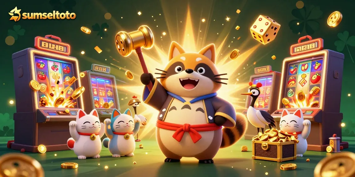 Experience the excitement of sumseltoto with a vibrant 3D casino illustration featuring joyful characters and winning symbols.