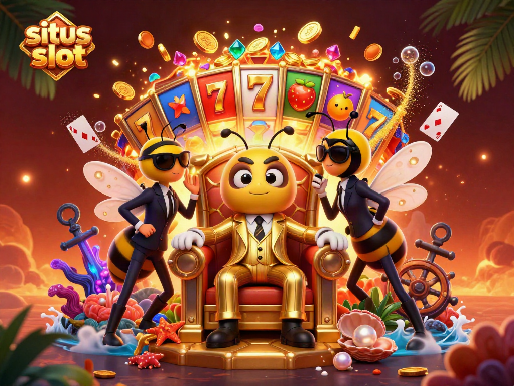 Situs slot scene featuring a bumblebee mob boss and slot reels amid gold coins and underwater treasures
