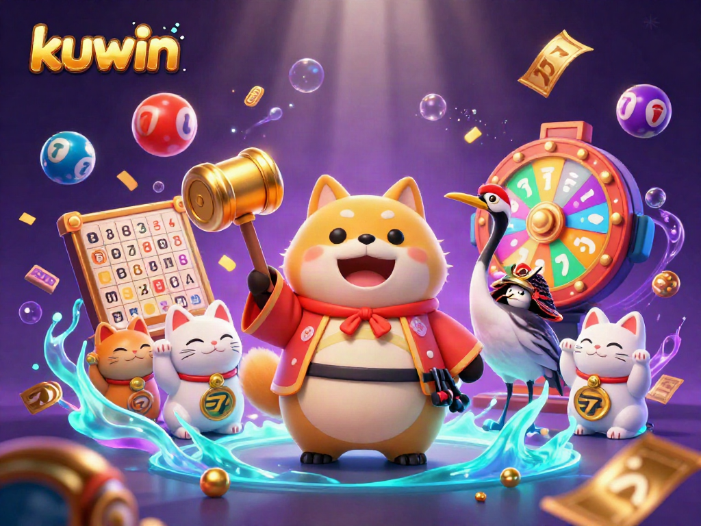 Kuwin's cheerful tanuki with a lucky mallet celebrates wins surrounded by vibrant game elements including spinning slot reels.
