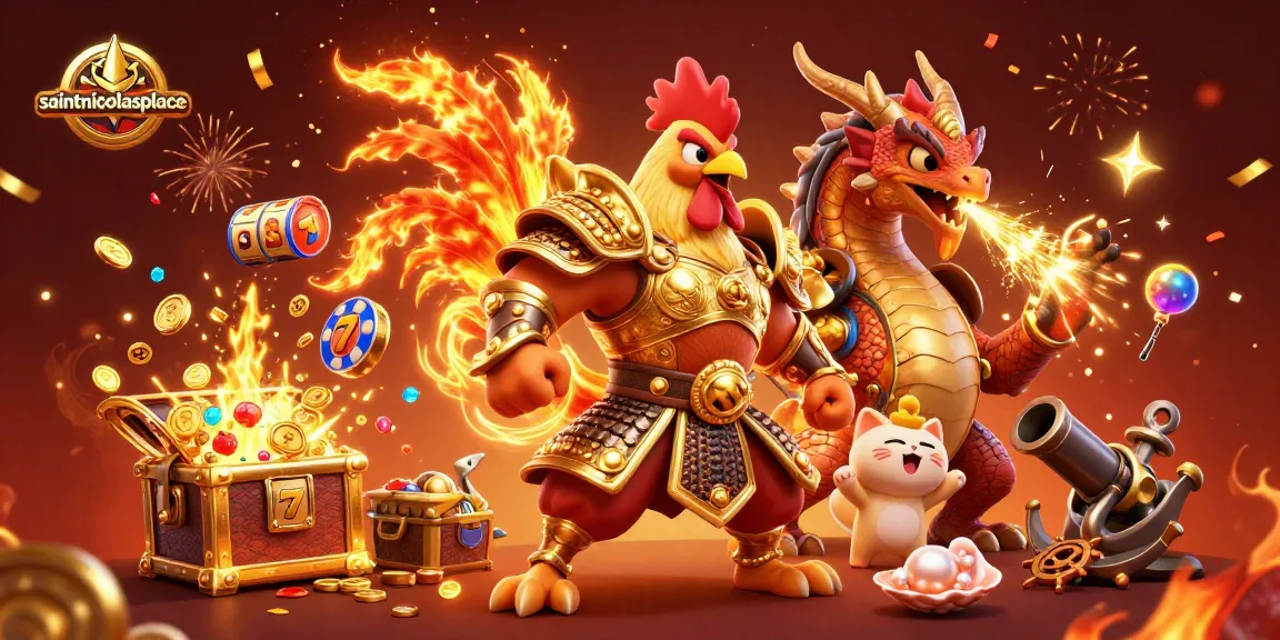 Play at saintnicolasplace's vibrant casino with a powerful rooster and dragon bursting with rewards.