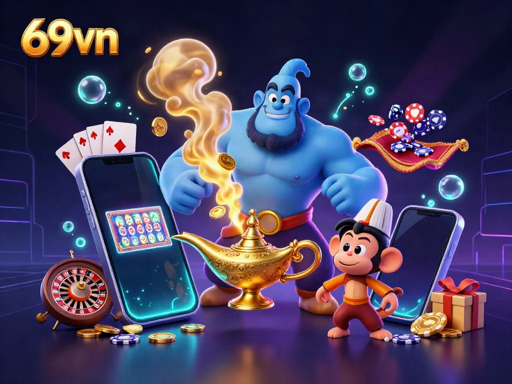 Engage in thrilling gameplay at 69vn with vibrant casino elements and characters in a dynamic scene.