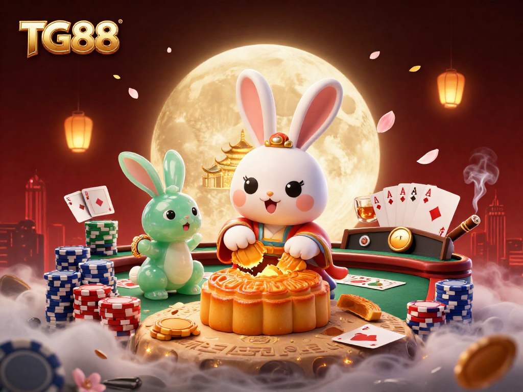 Engage with TG88 in a vibrant casino scene where poker chips reveal hidden treasures, surrounded by animated characters.
