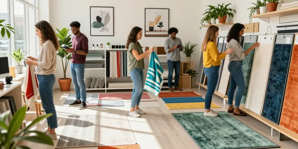 Shopsmart shoppers exploring eco-friendly floor solutions and personalized towels in a vibrant retail space.