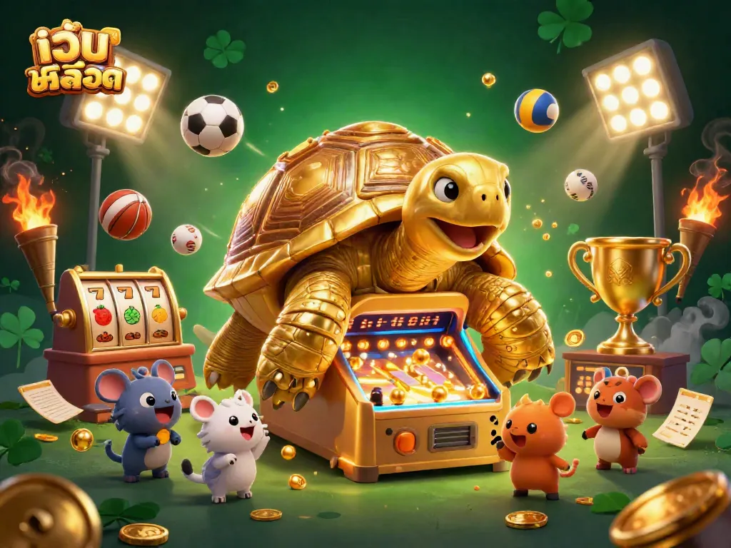 Play เว็บสล็อต with a colossal golden tortoise pinball machine in an exciting casino scene.