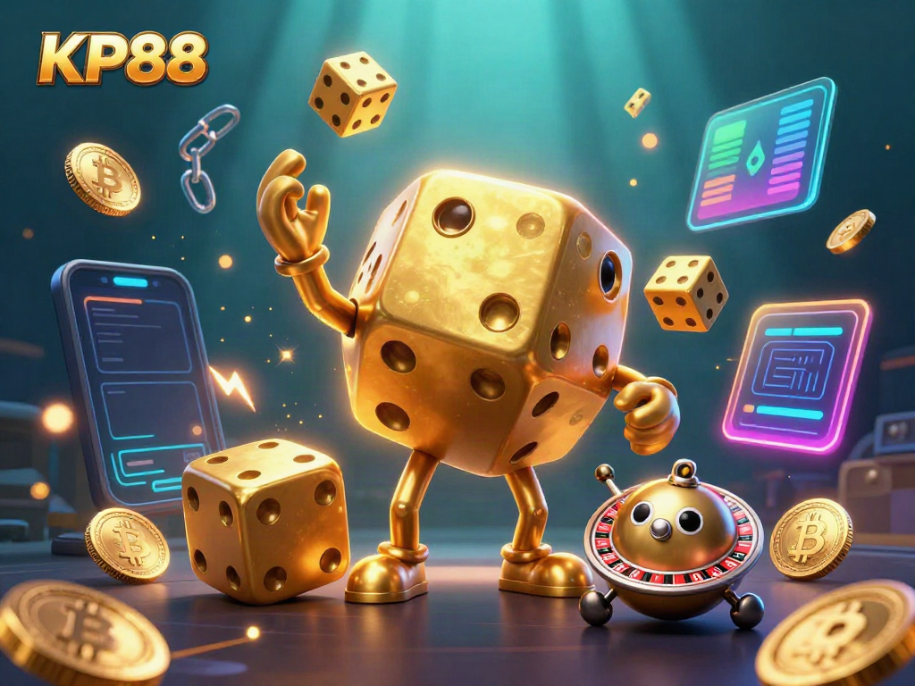Experience the thrill of KP88 with exciting golden dice and crypto elements in a captivating casino scene.
