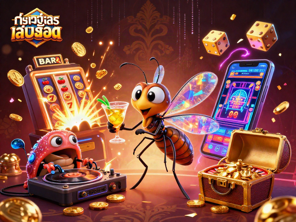 Engaging scene of ทดลองเล่นสล็อต with a living mosquito mascot and dynamic casino elements.