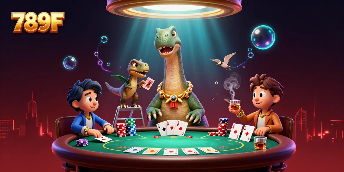 Experience the excitement of 789F with a whimsical 3D cartoon scene of a brontosaurus and raptor in a lively casino setting.