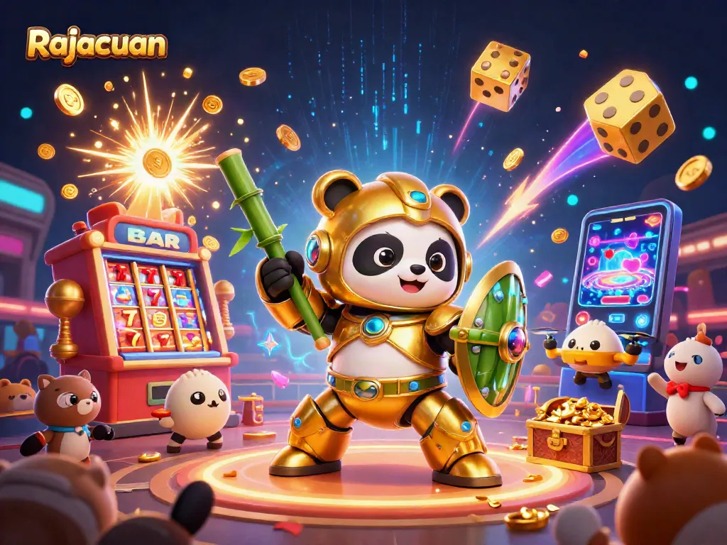 Rajacuan showcases a vibrant casino scene with a golden panda piloting a robot amidst slot jackpots and cheering audiences.
