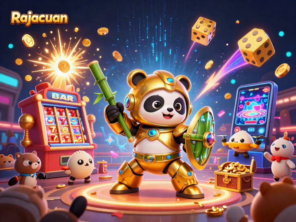 Rajacuan showcases a vibrant casino scene with a golden panda piloting a robot amidst slot jackpots and cheering audiences.