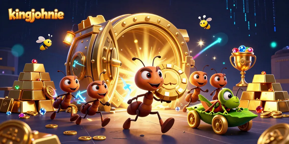 kingjohnnie-themed ants running a heist with treasures in a vibrant 3D casino scene
