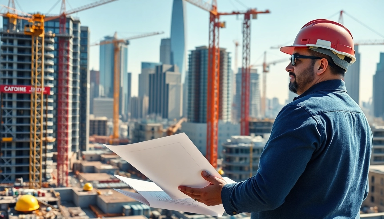 Manhattan General Contractor reviewing blueprints at a busy construction site in Manhattan.