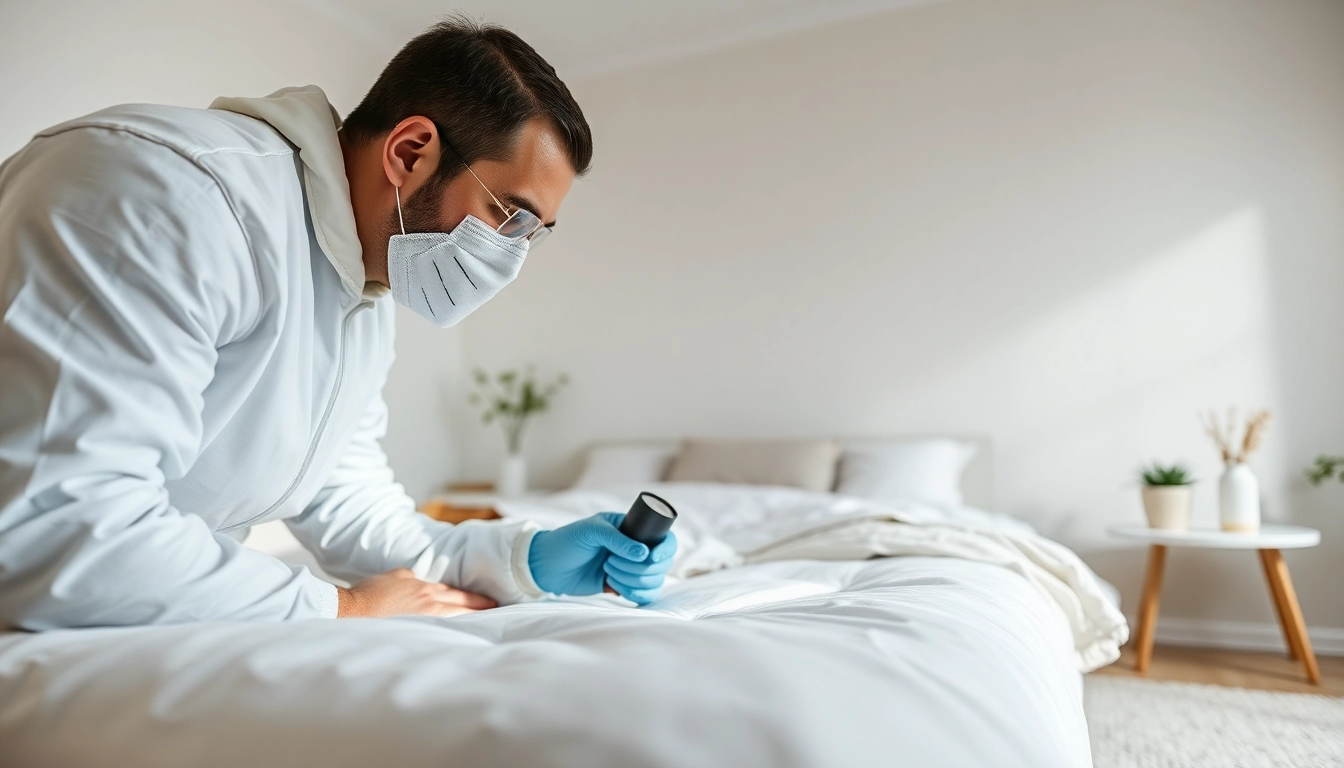 Inspecting for bed bugs by a bed bug company near me in a modern bedroom setting