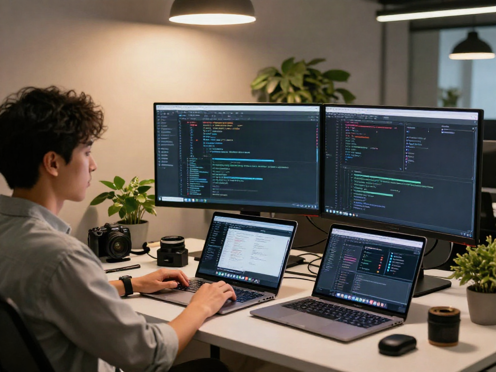 Developer sedang bekerja dengan cepat menggunakan sistem 快连 di ruang kerja modern.