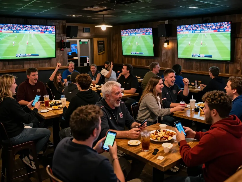 Experience the excitement of Trực tiếp bóng đá CakhiaTV at a lively sports bar with fans cheering and using betting apps.