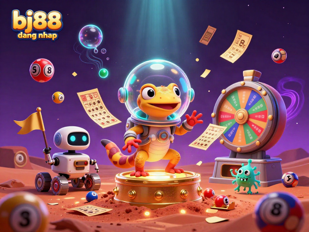 Experience the excitement of bj88 dang nhap with a 3D illustration featuring a Martian gecko discovering a golden casino amidst a vibrant cosmic scene.