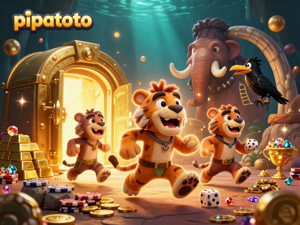 Experience pipatoto's exciting prehistoric casino scene with playful characters and treasure.