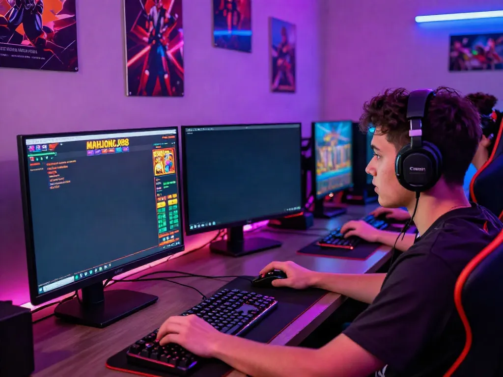 Engaging gaming setup showcasing Slot MAHJONGJP88 with colorful graphics and focused player.