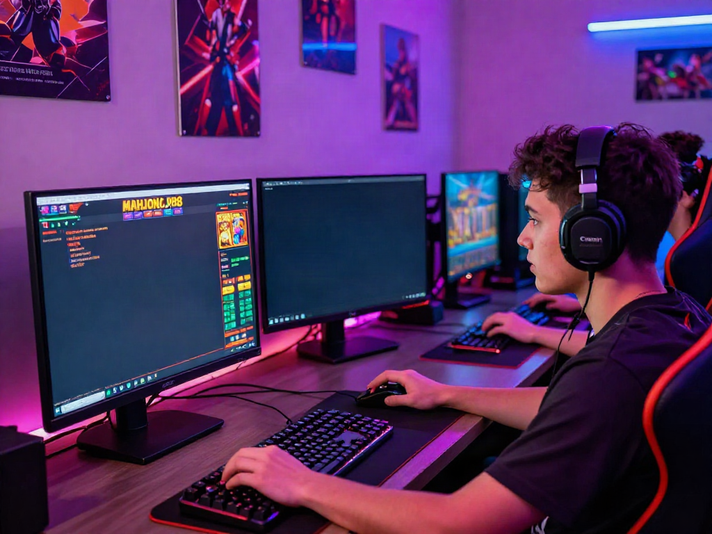 Engaging gaming setup showcasing Slot MAHJONGJP88 with colorful graphics and focused player.