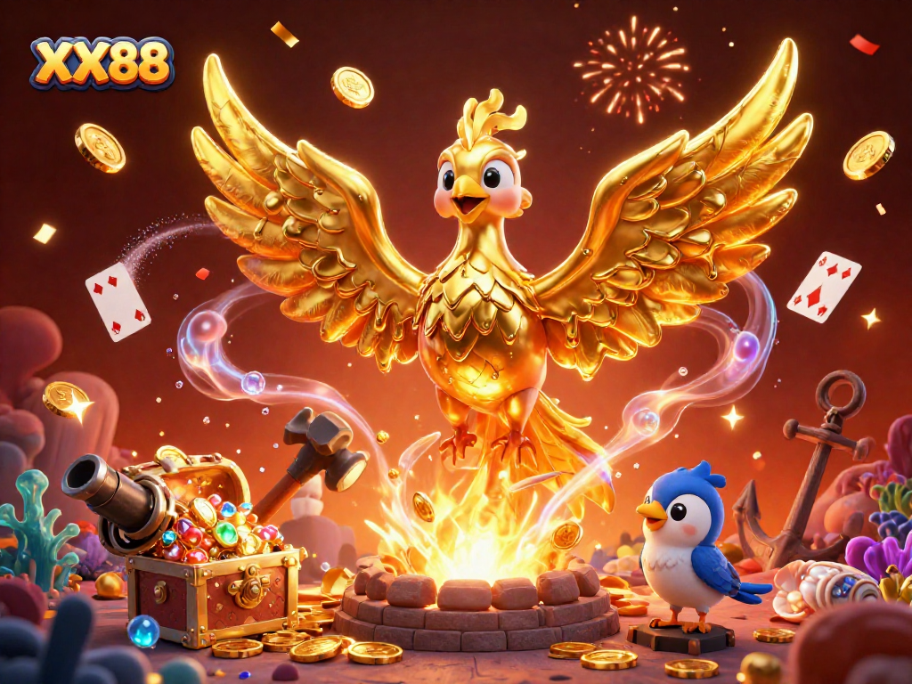 Experience the excitement of winning at XX88's dynamic virtual casino, featuring vibrant gold coins and interactive game elements.