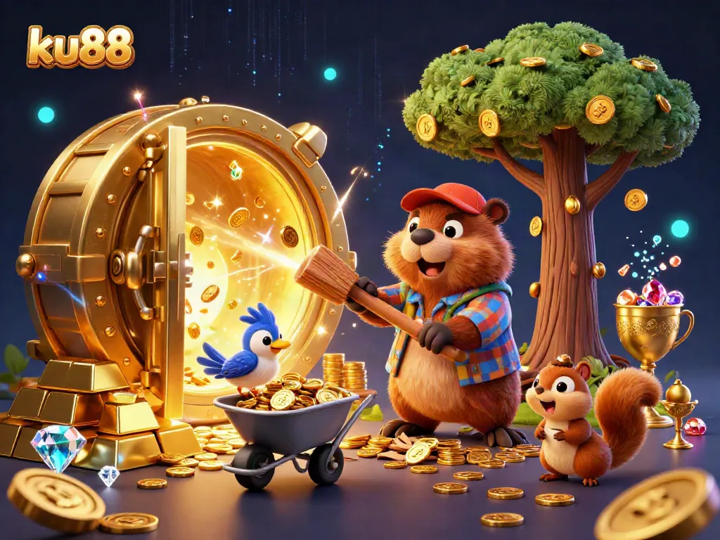 ku88's vibrant casino scene showcasing a beaver collecting golden coins amidst treasures.