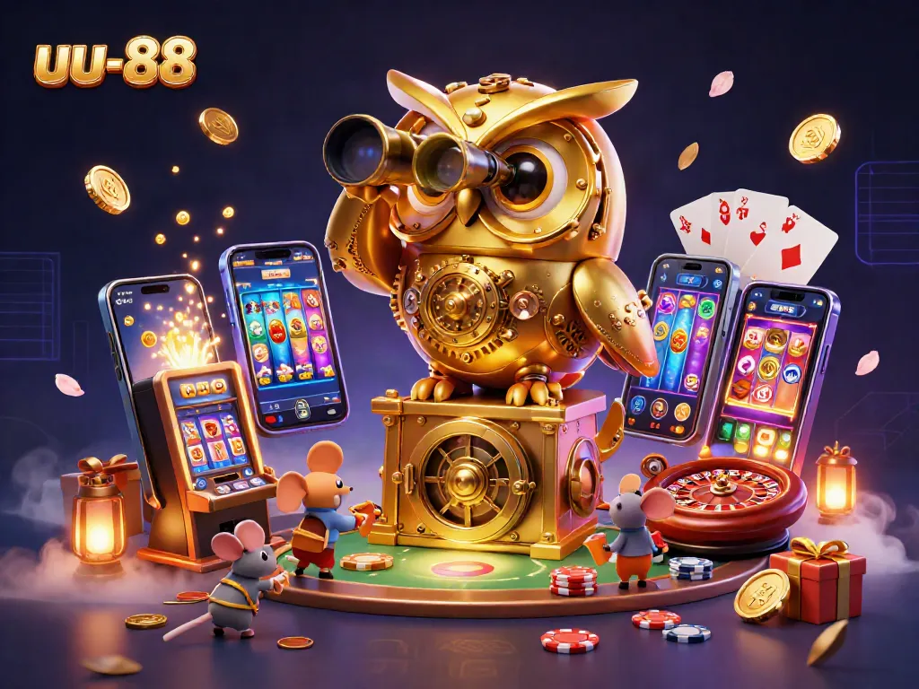 uu-88 casino scene featuring a golden owl, vibrant slot games, and lively patrons in action.