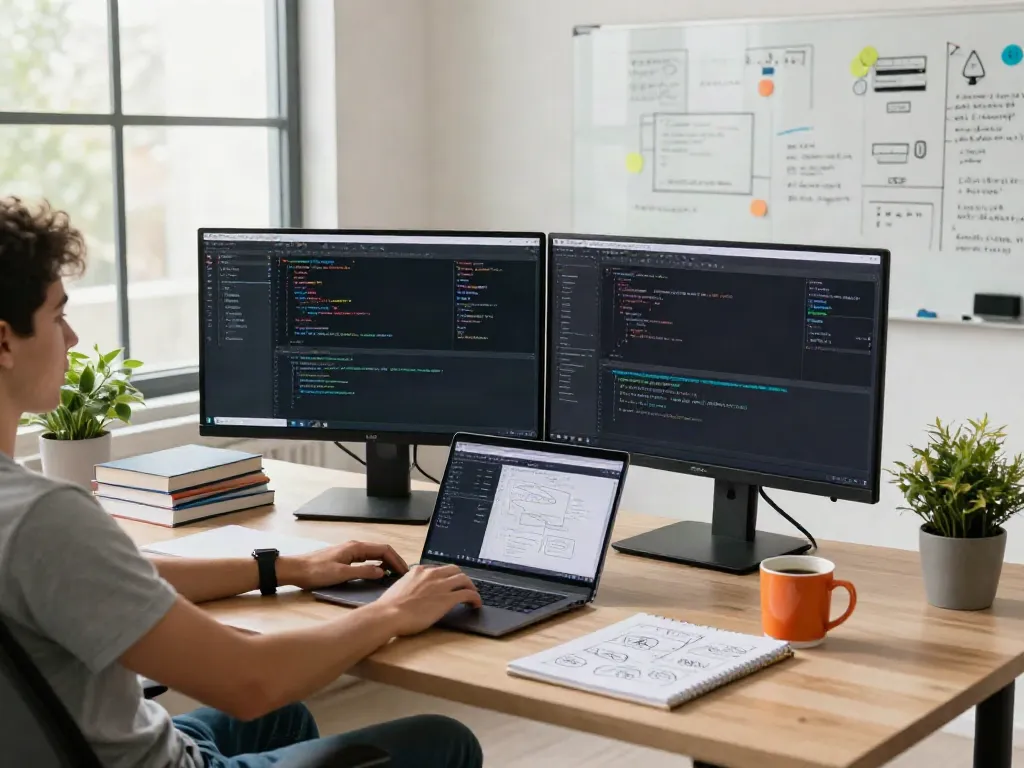 Developer using unified LLM API in a modern workspace with dual monitors and coding interface.
