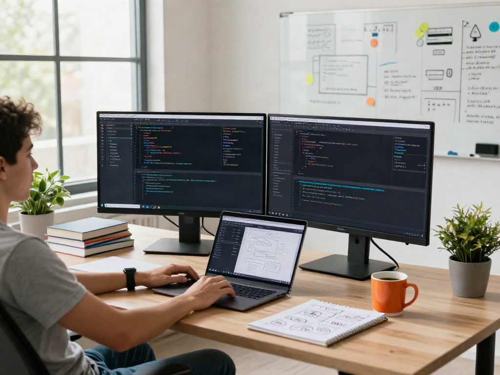 Developer using unified LLM API in a modern workspace with dual monitors and coding interface.