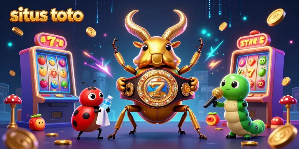 Engaging illustration of situs toto featuring a golden stag beetle in a boxing match with casino elements.