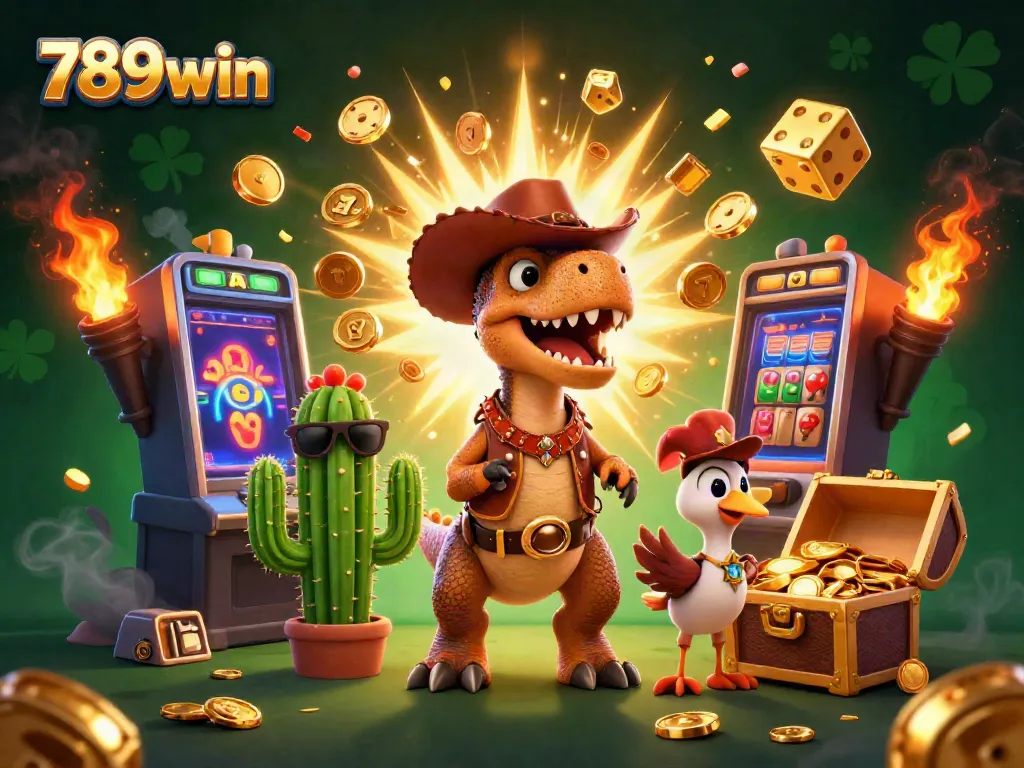 Experience the exciting world of 789win with a vibrant casino scene showcasing a dinosaur cowboy and friends.