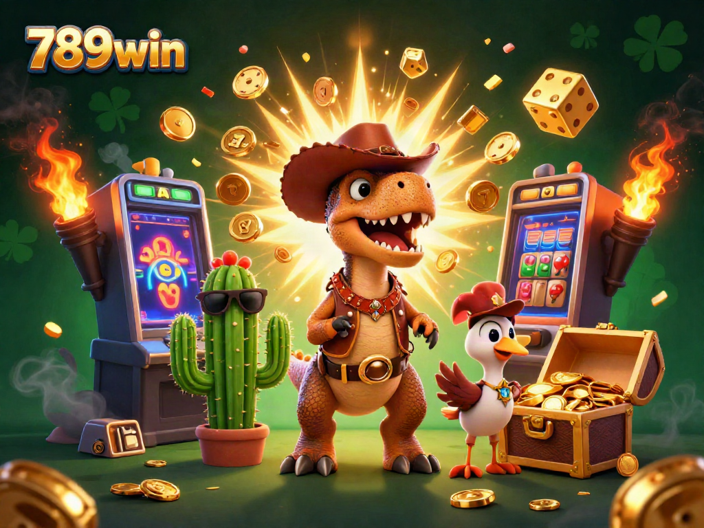 Experience the exciting world of 789win with a vibrant casino scene showcasing a dinosaur cowboy and friends.