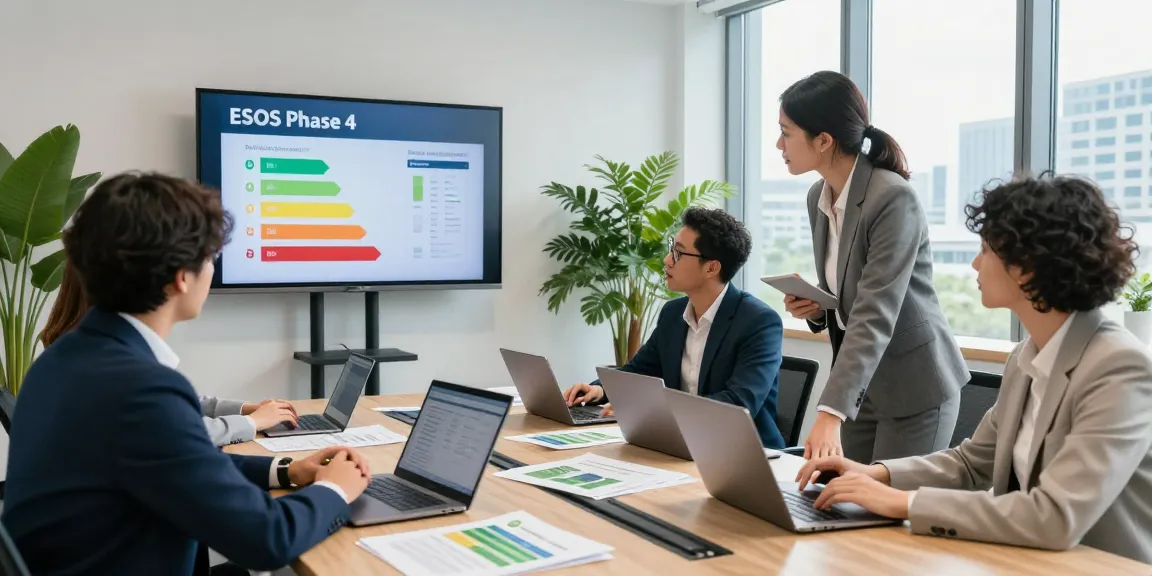 Team discussing ESOS phase 4 compliance strategies in a modern office